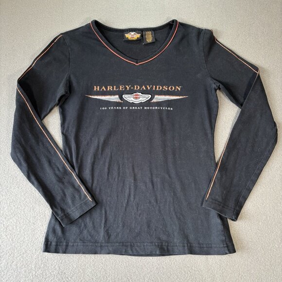 VTG 2003 Harley Davidson Black Long Sleeve T-shirt V-neck Top Womens S Biker USA - Picture 1 of 11